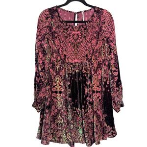 Free People Mirror Mirror Velvet Burnout Paisley Mini Dress Boho Long Sleeve S